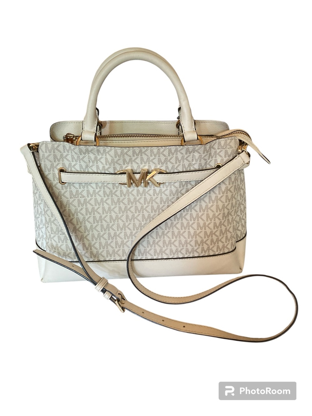 Michael Kors Reed Light Cream Multi Large Belted Satchel with Gold-Tone Logo